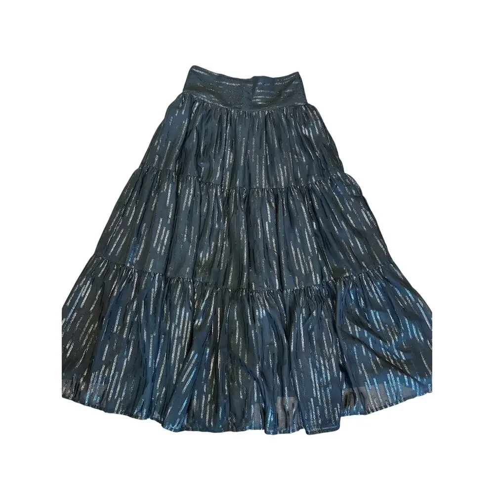Elan Women’s Small Black Metallic Stripe Tiered Maxi Skirt Boho Elastic Waist - Picture 2 of 7